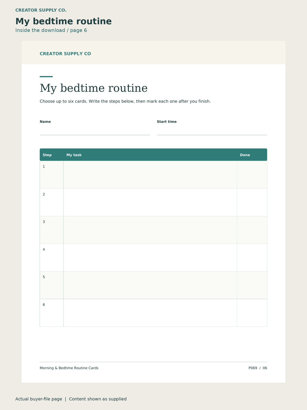 Page 6 from Morning & Bedtime Routine Cards, showing My bedtime routine.