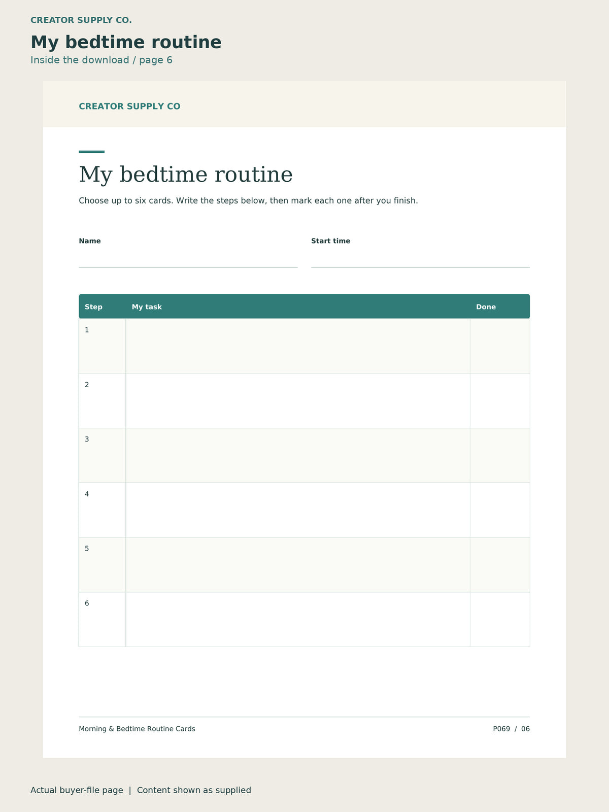 Page 6 from Morning & Bedtime Routine Cards, showing My bedtime routine.