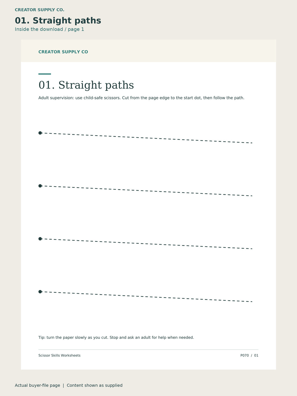 Page 1 from Scissor Skills Worksheets, showing 01. Straight paths.