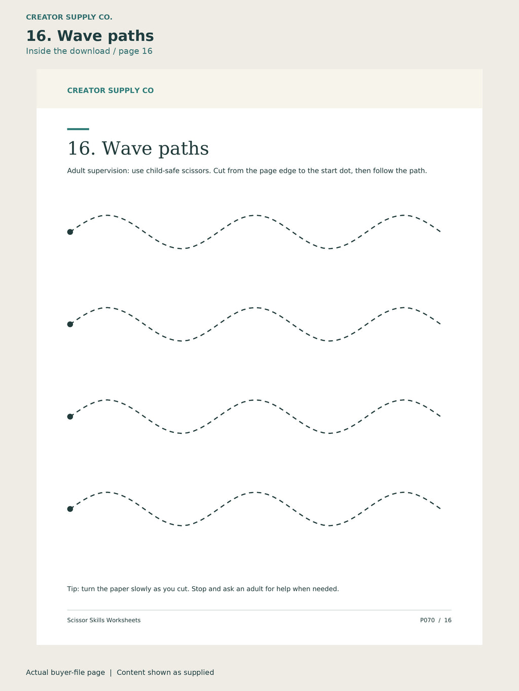 Page 16 from Scissor Skills Worksheets, showing 16. Wave paths.