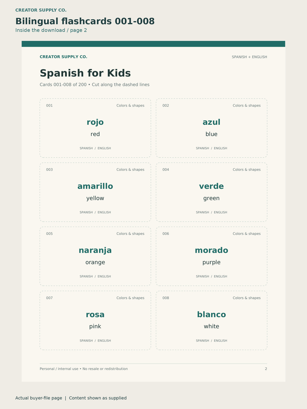 Page 2 from Spanish for Kids Flashcards, showing Bilingual flashcards 001-008.
