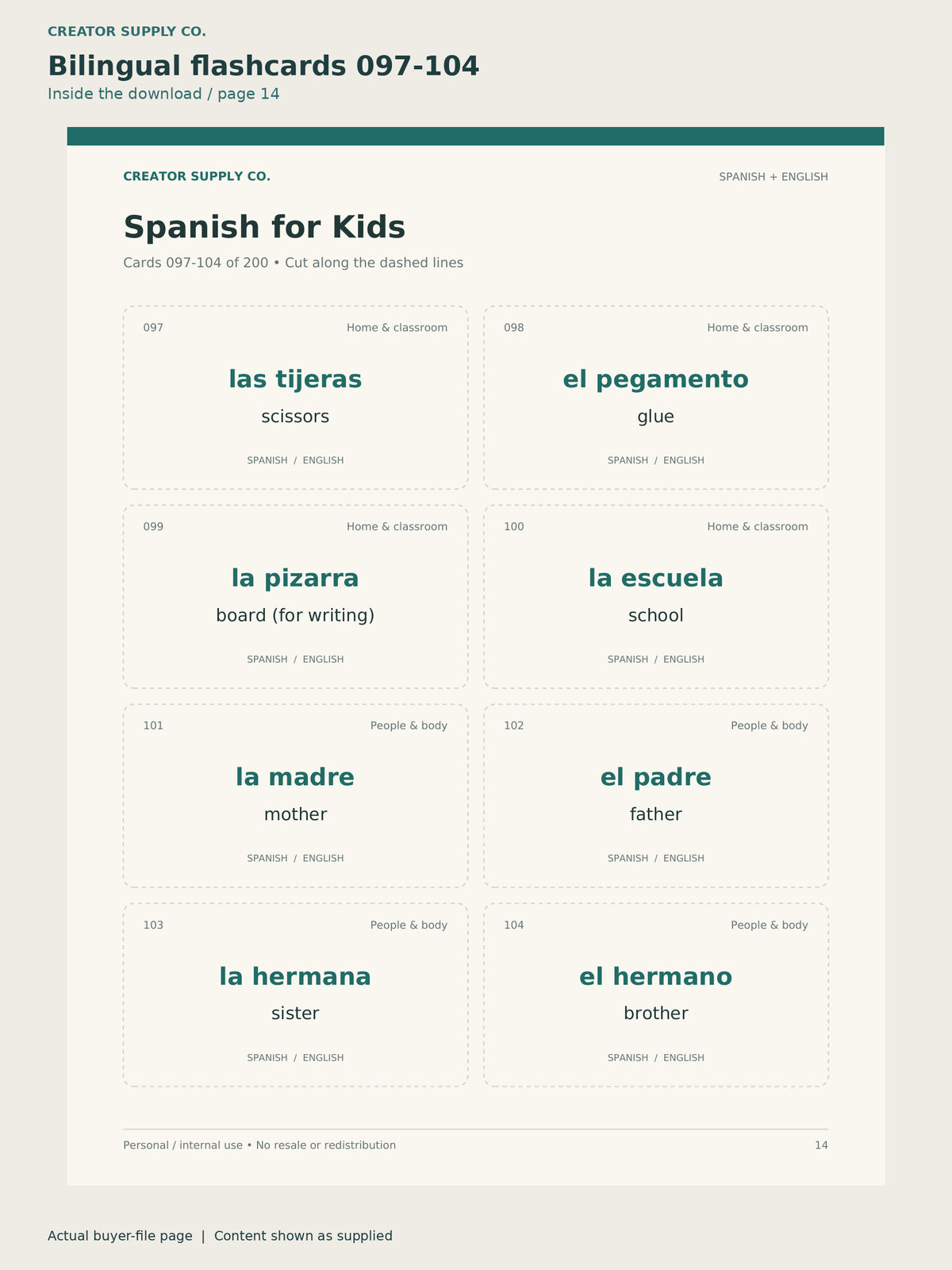 Page 14 from Spanish for Kids Flashcards, showing Bilingual flashcards 097-104.