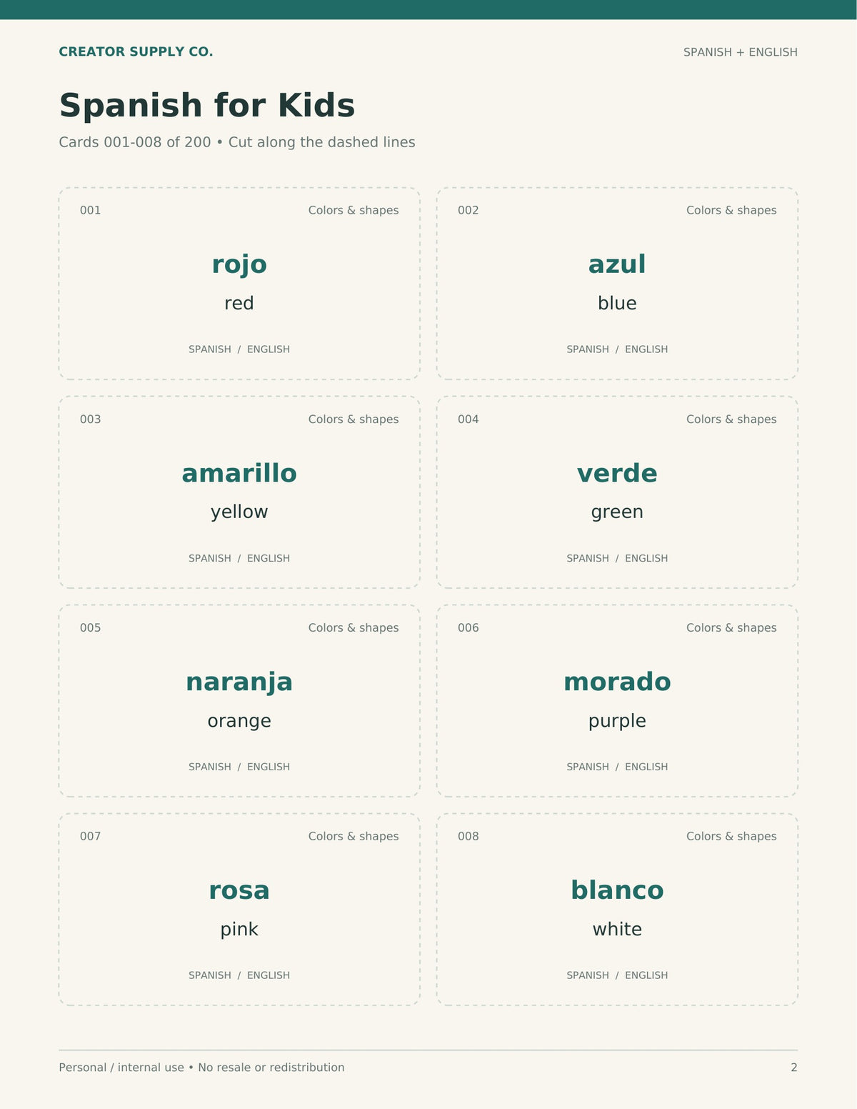 Printable English-Spanish flashcards showing eight color words with cut-out guides.