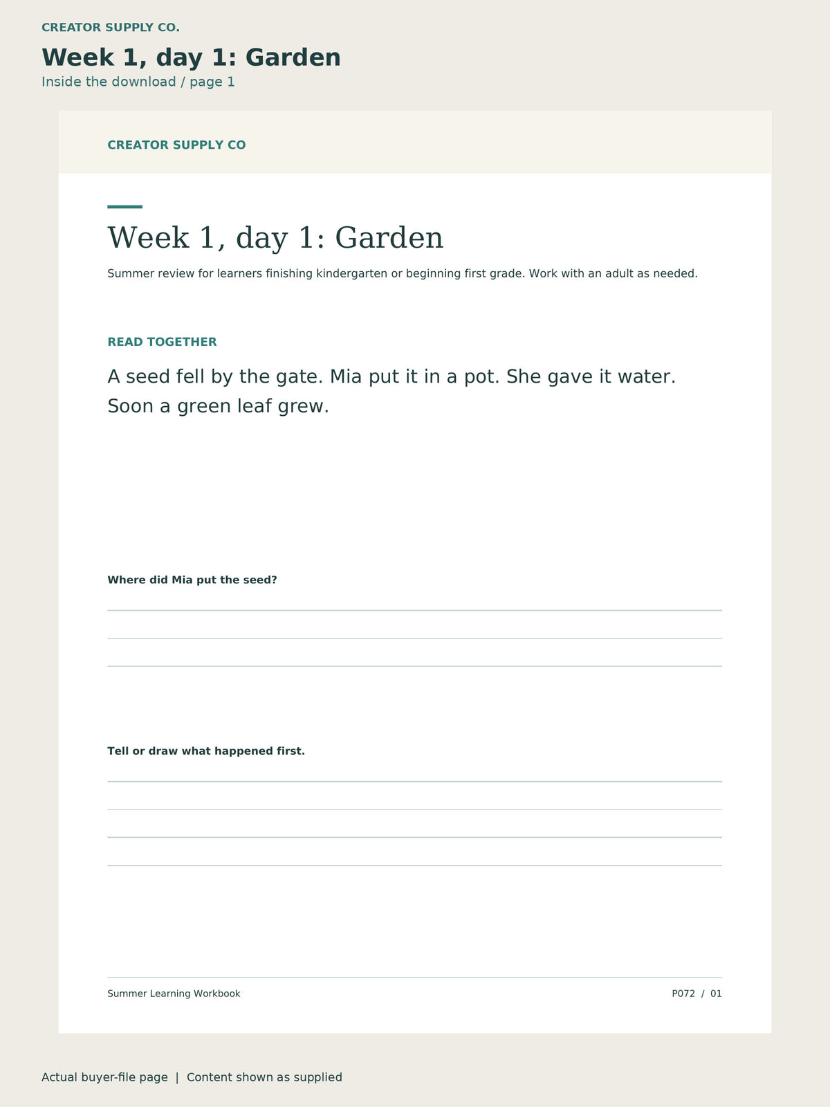 Page 1 from Summer Learning Workbook, showing Week 1, day 1: Garden.