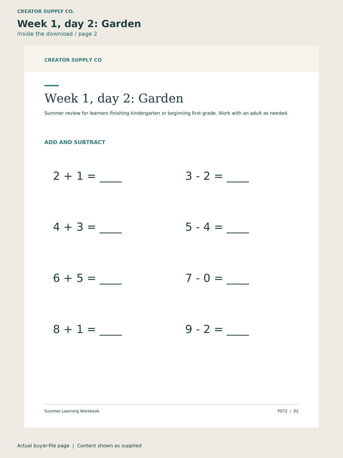 Page 2 from Summer Learning Workbook, showing Week 1, day 2: Garden.