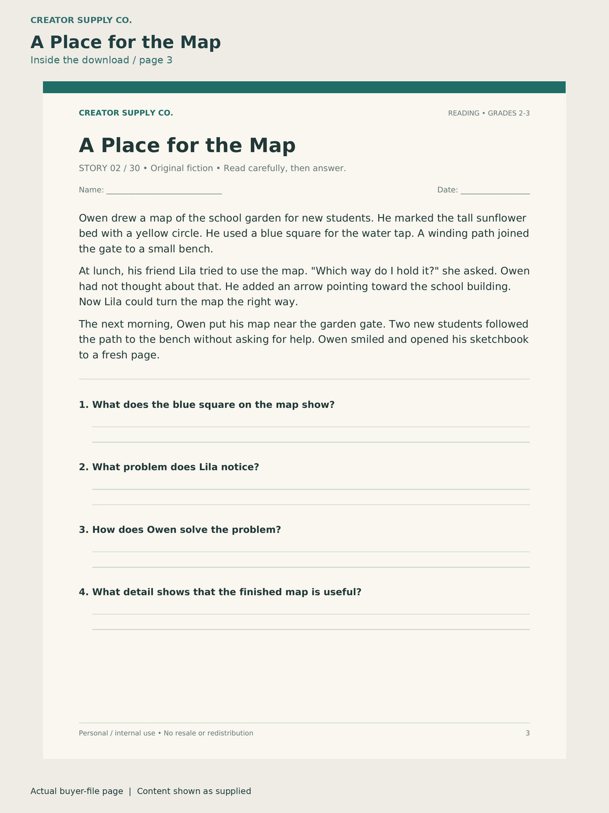 Page 3 from Reading Comprehension Passages (Grade 2–3), showing A Place for the Map.