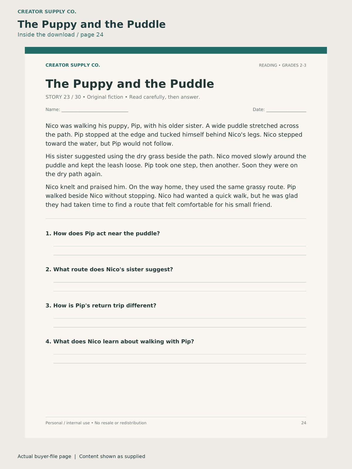 Page 24 from Reading Comprehension Passages (Grade 2–3), showing The Puppy and the Puddle.