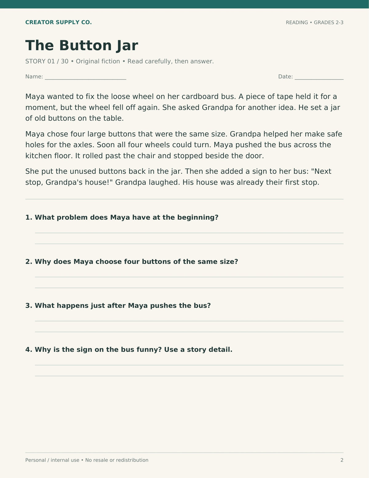 Reading Comprehension Passages (Grade 2–3) – printable PDF pages preview