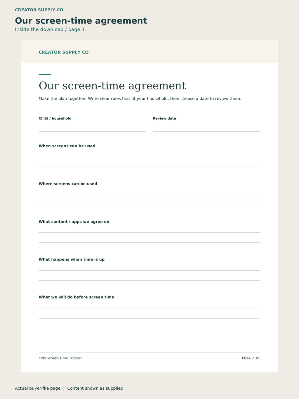 Page 1 from Kids Screen-Time Tracker, showing Our screen-time agreement.
