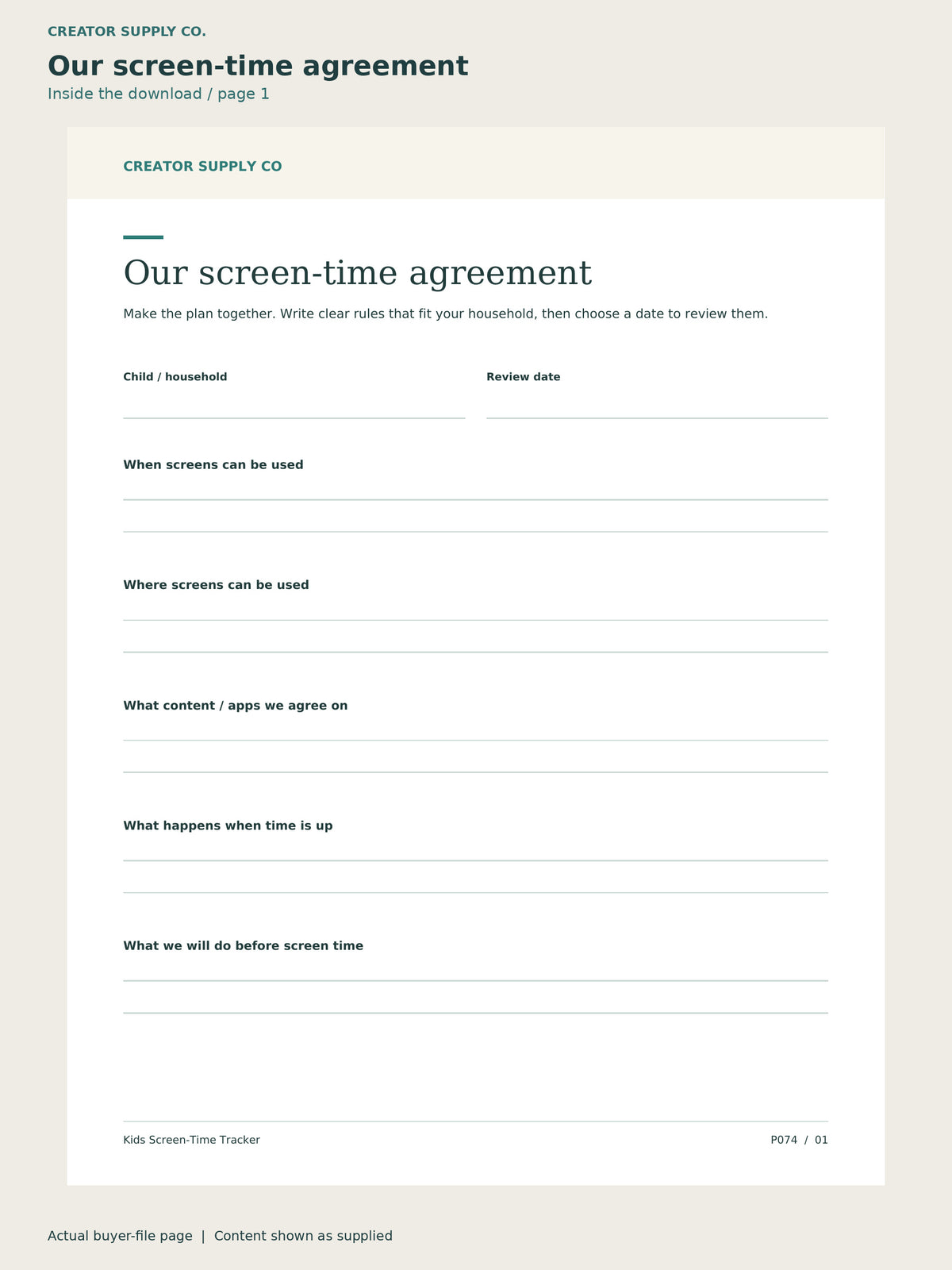 Page 1 from Kids Screen-Time Tracker, showing Our screen-time agreement.
