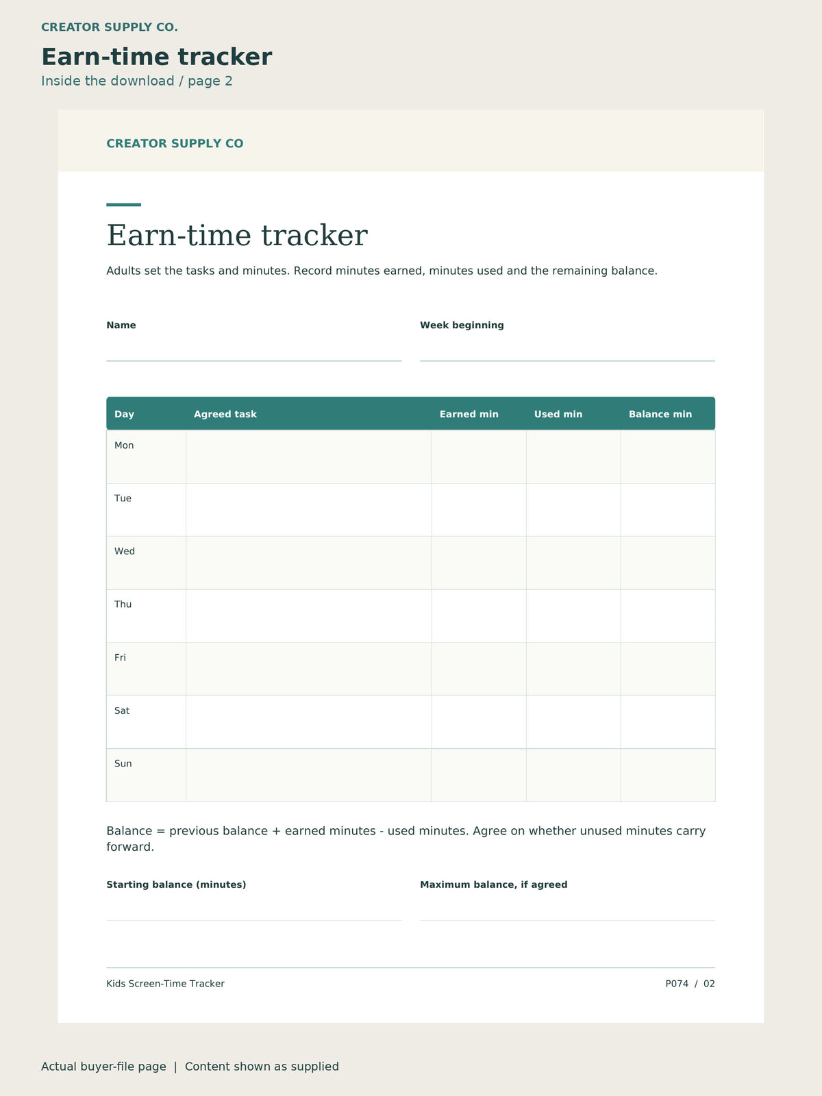Page 2 from Kids Screen-Time Tracker, showing Earn-time tracker.