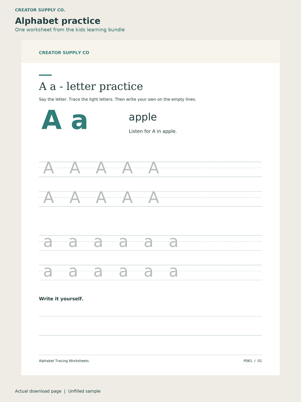 Letter A tracing worksheet from the Kids Learning Mega Bundle with uppercase and lowercase letter models