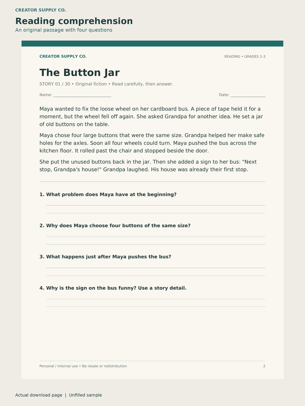 Reading-comprehension worksheet from the Kids Learning Mega Bundle: The Button Jar story and four response questions
