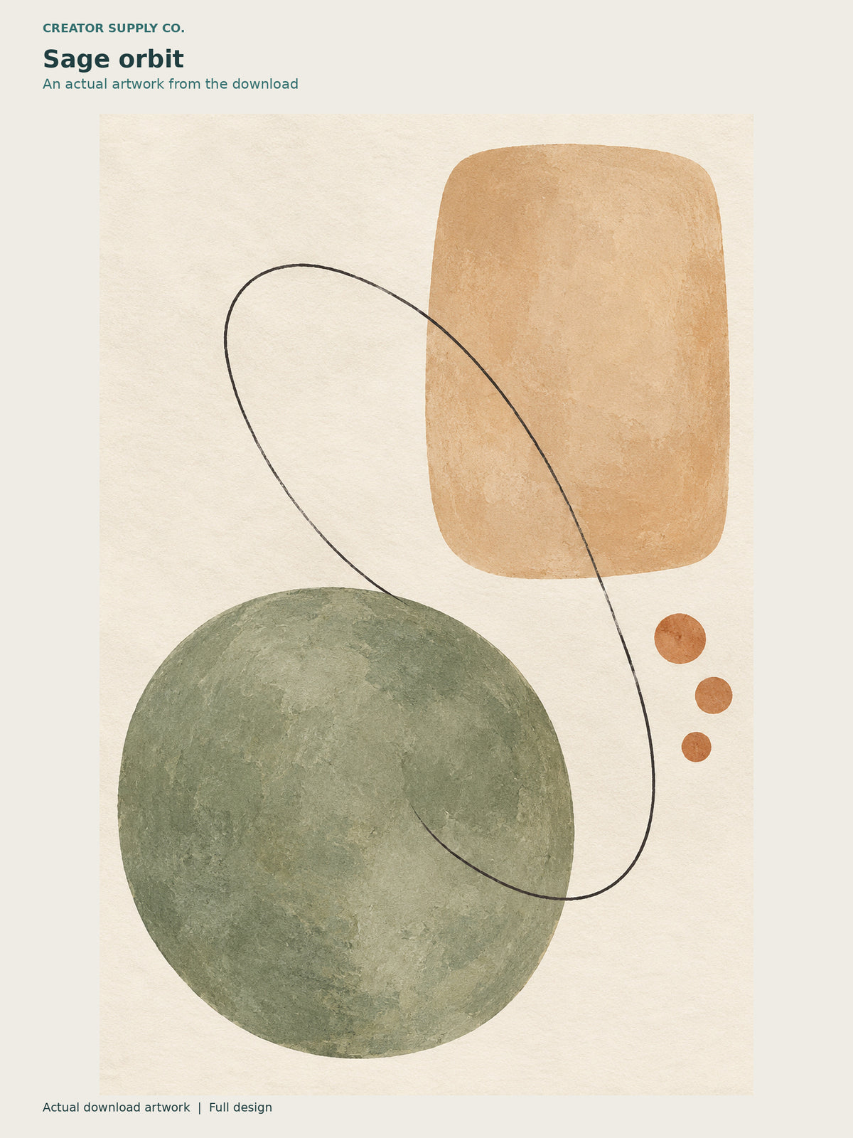 Boho Abstract Wall Art Set of 3 – abstract artwork with a sage circle, ochre rounded rectangle, and an orbiting black line
