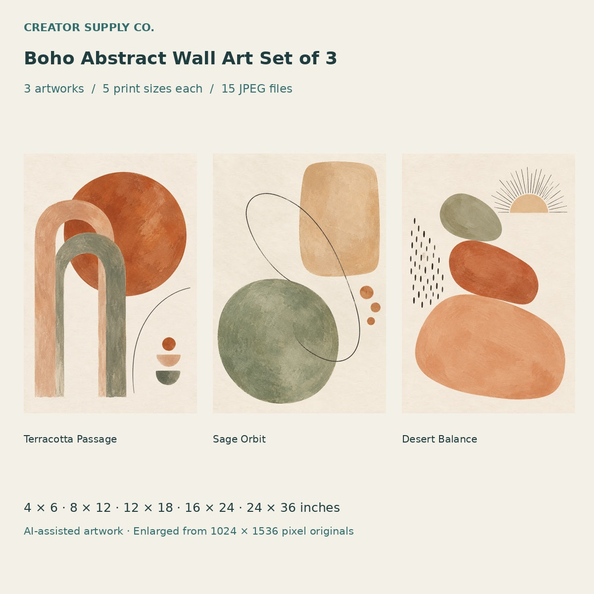 Boho Abstract Wall Art Set of 3 – printable wall art preview