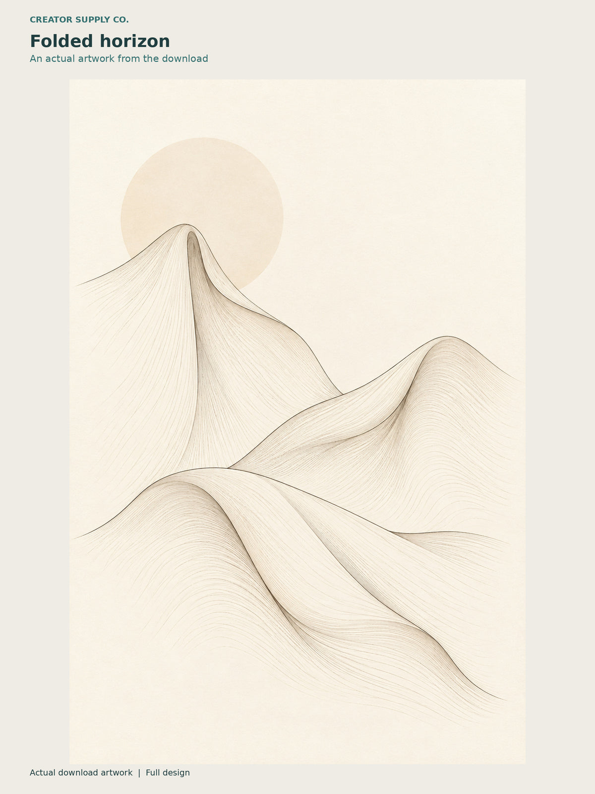 Neutral Line Art Set of 3 – neutral line artwork showing gently folded sand-colored forms beneath a pale circular sun