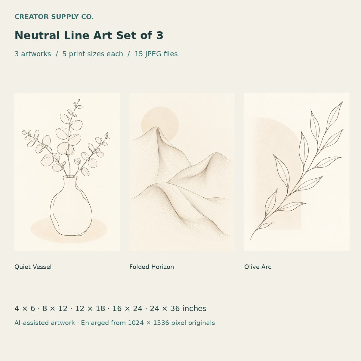 Neutral Line Art Set of 3 – printable wall art preview