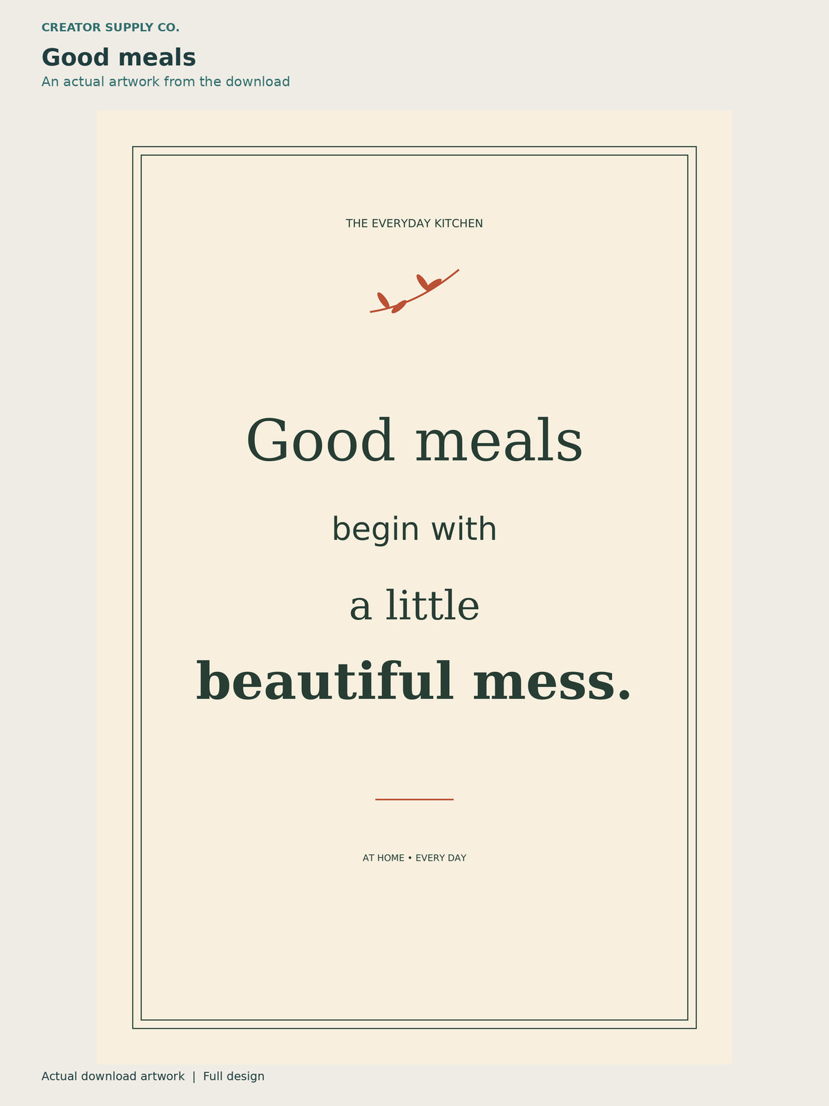 Kitchen Quote Prints (original quotes) – cream kitchen print reading Good meals begin with a little beautiful mess