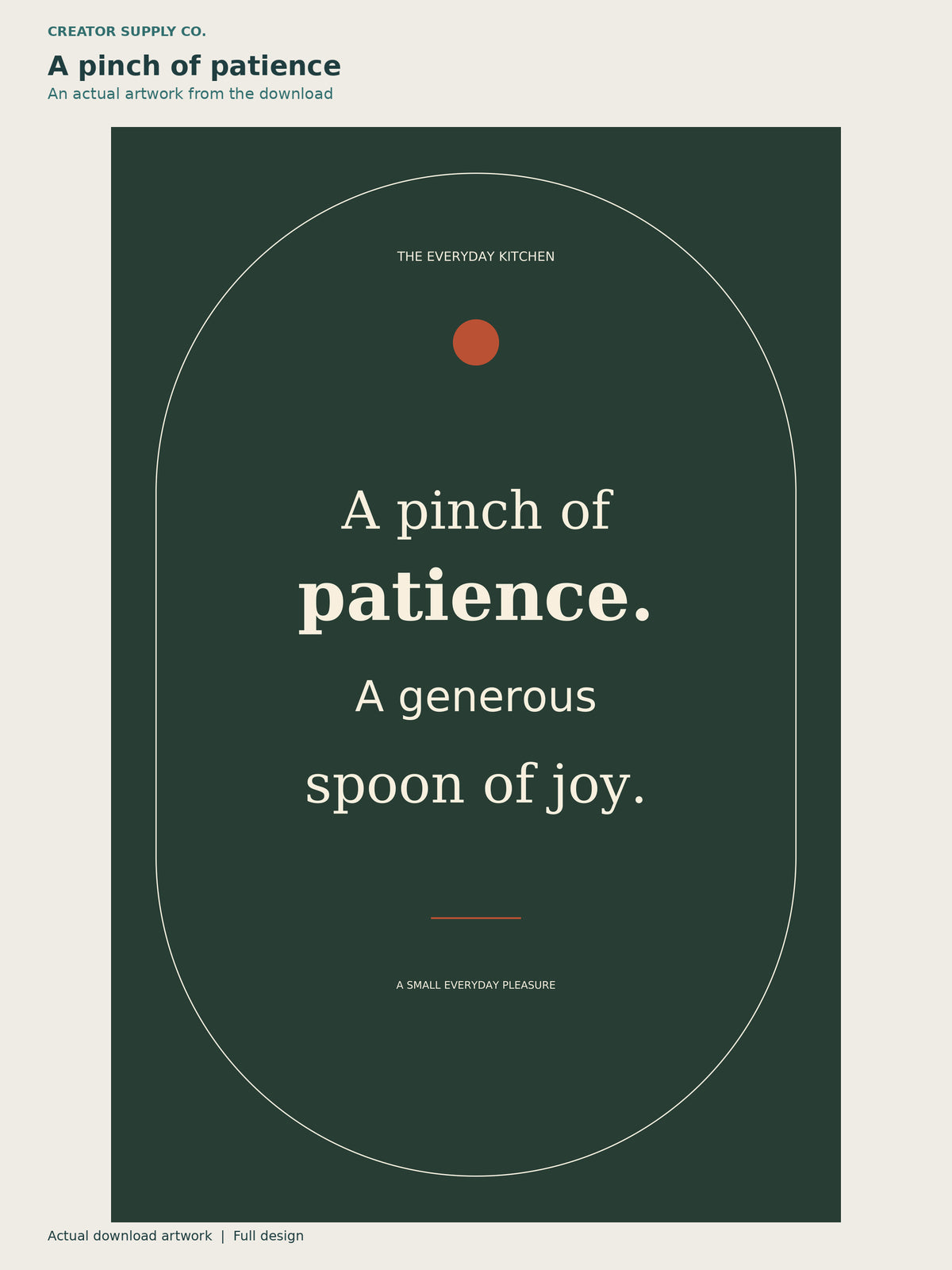 Kitchen Quote Prints (original quotes) – dark green kitchen print reading A pinch of patience. A generous spoon of joy