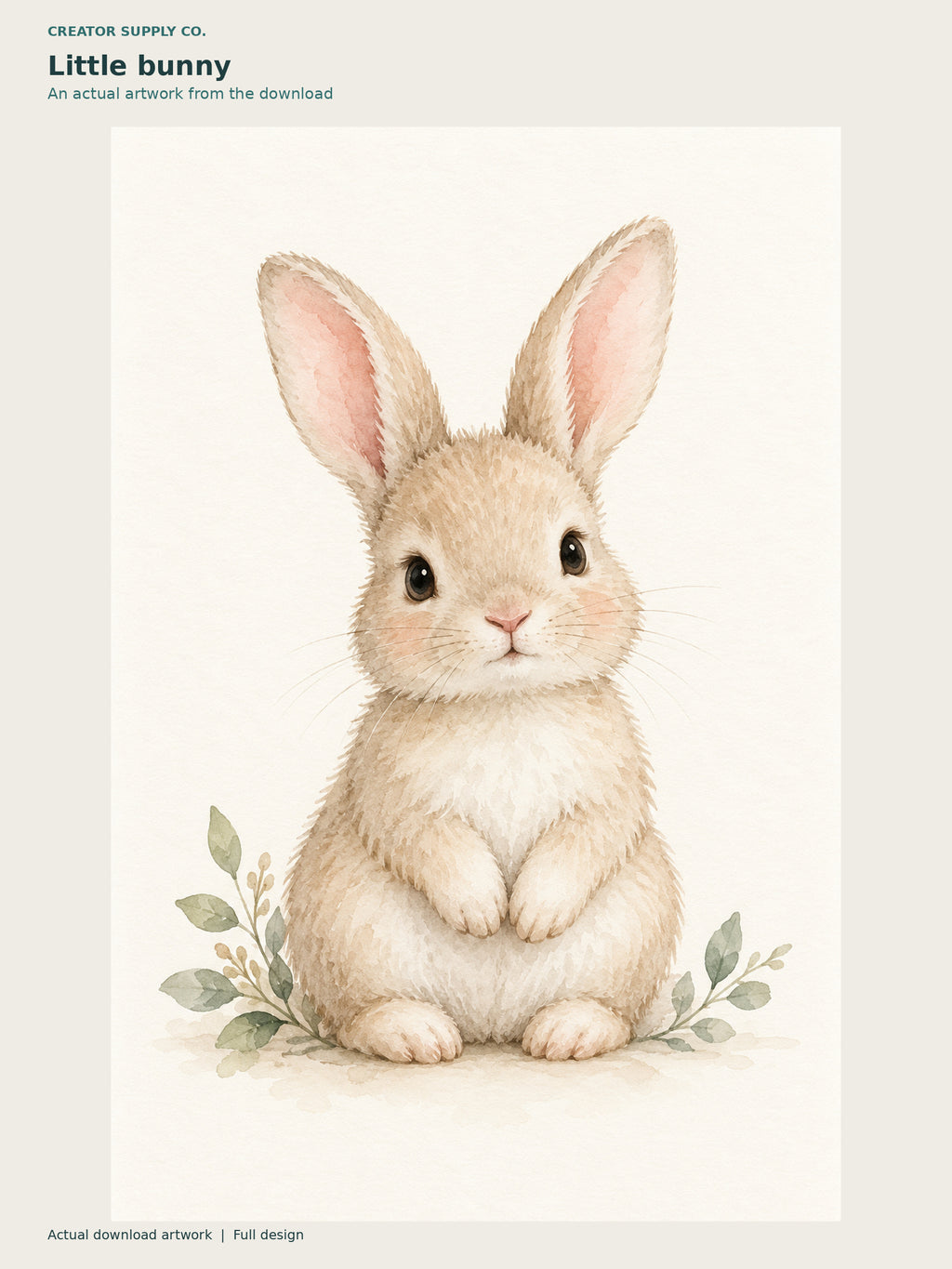 Nursery Animal Prints Set of 4 – soft nursery illustration of a seated bunny with greenery on a cream background