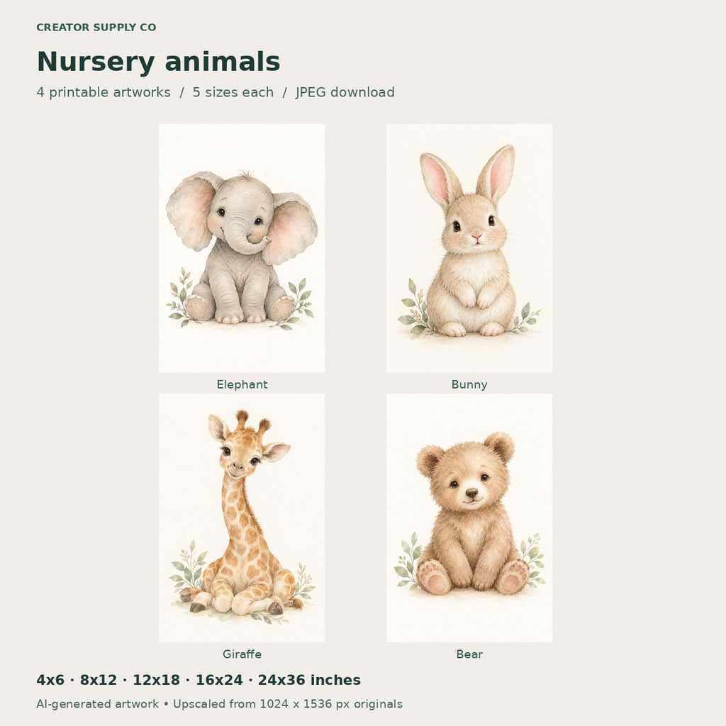 Nursery Animal Prints Set of 4 – printable wall art preview