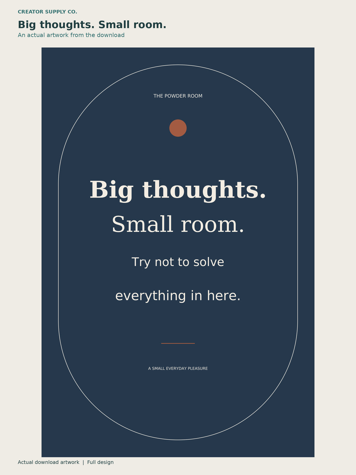 Bathroom Humor Prints (original) – blue bathroom print reading Big thoughts. Small room. Try not to solve everything in here