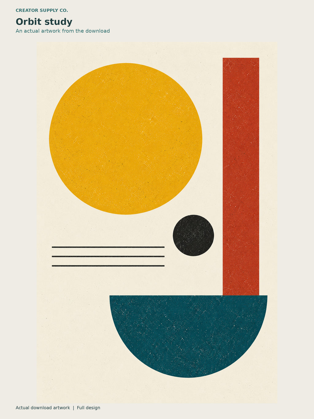 Mid-Century Modern Poster Set – geometric poster with yellow and black circles, a terracotta bar, and a teal semicircle