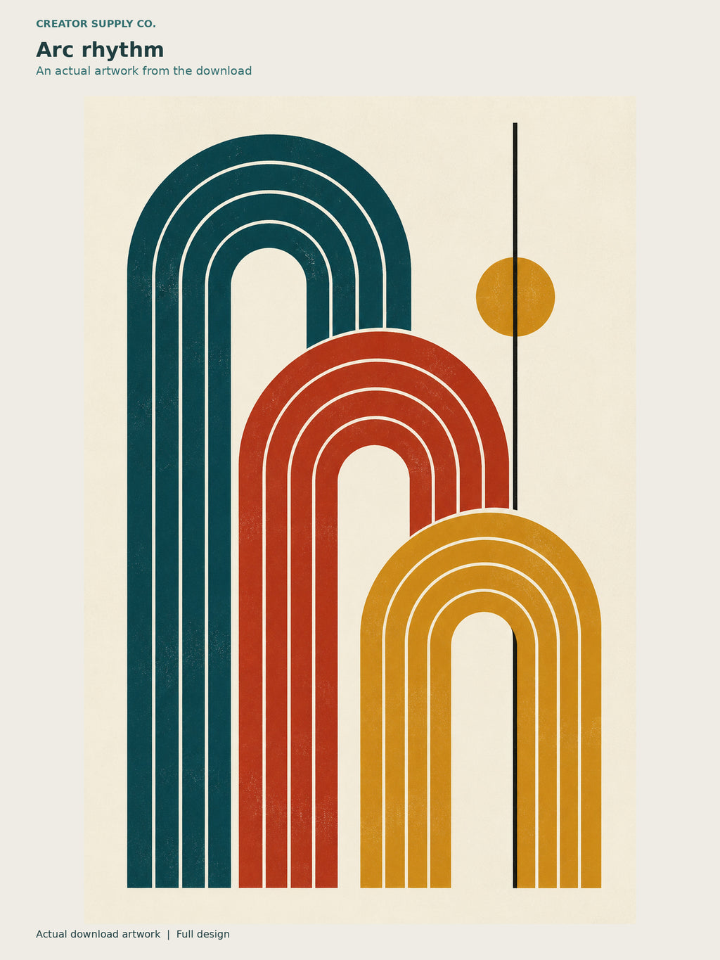 Mid-Century Modern Poster Set – geometric poster with overlapping teal, terracotta, and mustard arches on cream