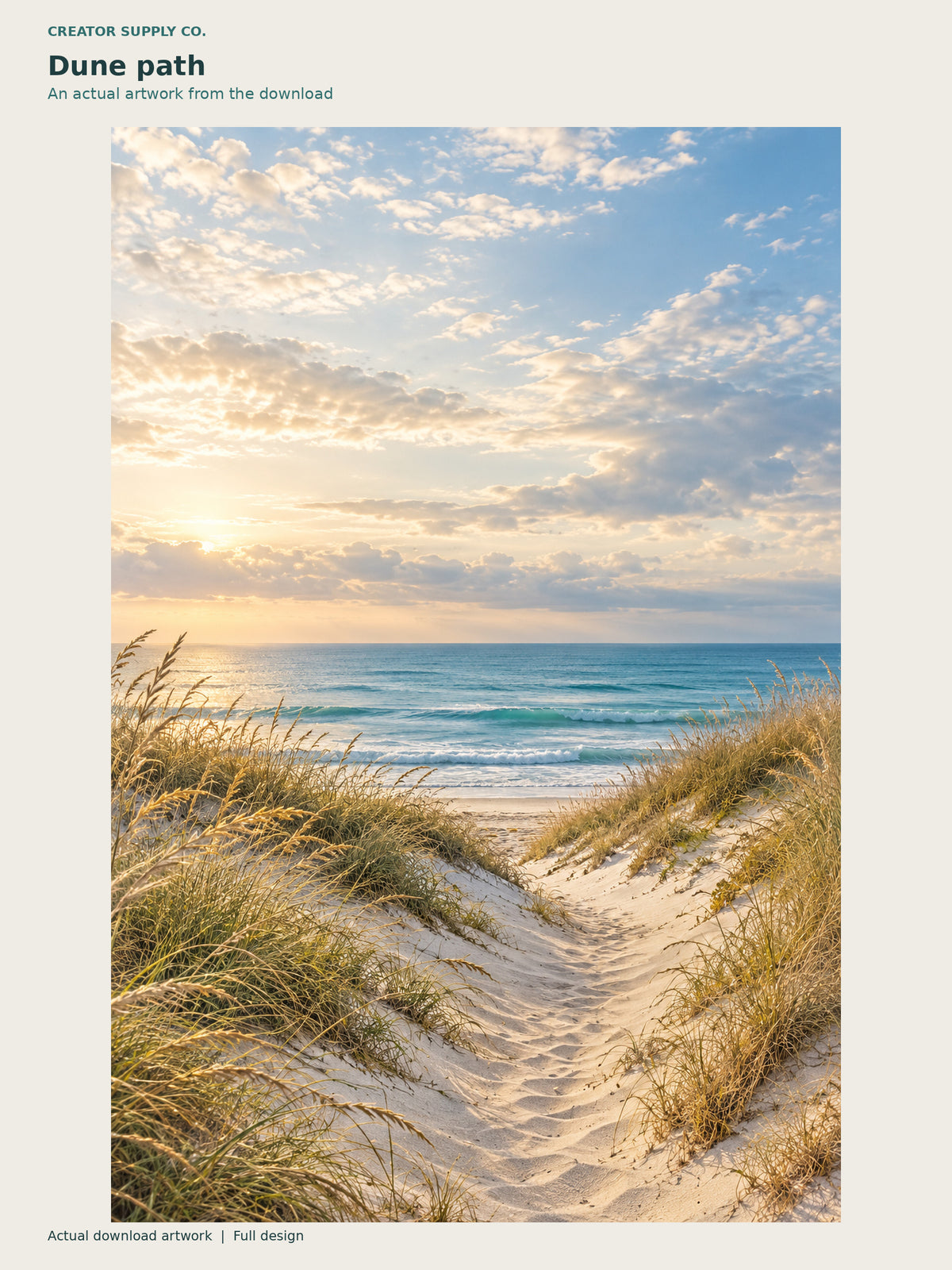 Coastal Beach Prints Set of 3 – coastal artwork showing a sandy path through dune grass toward the ocean