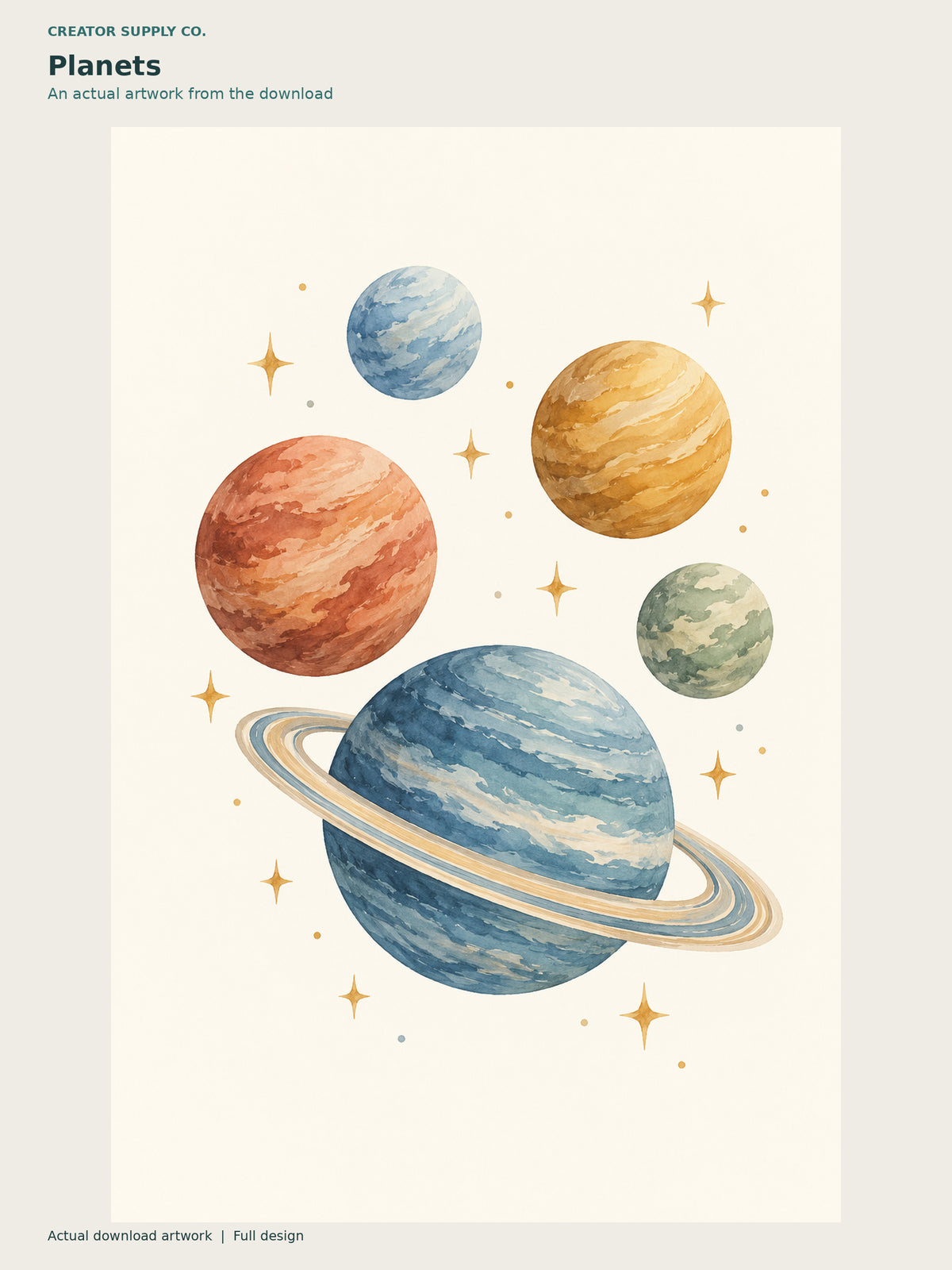 Kids Room Space Prints – softly colored space artwork with decorative planets and small stars on cream