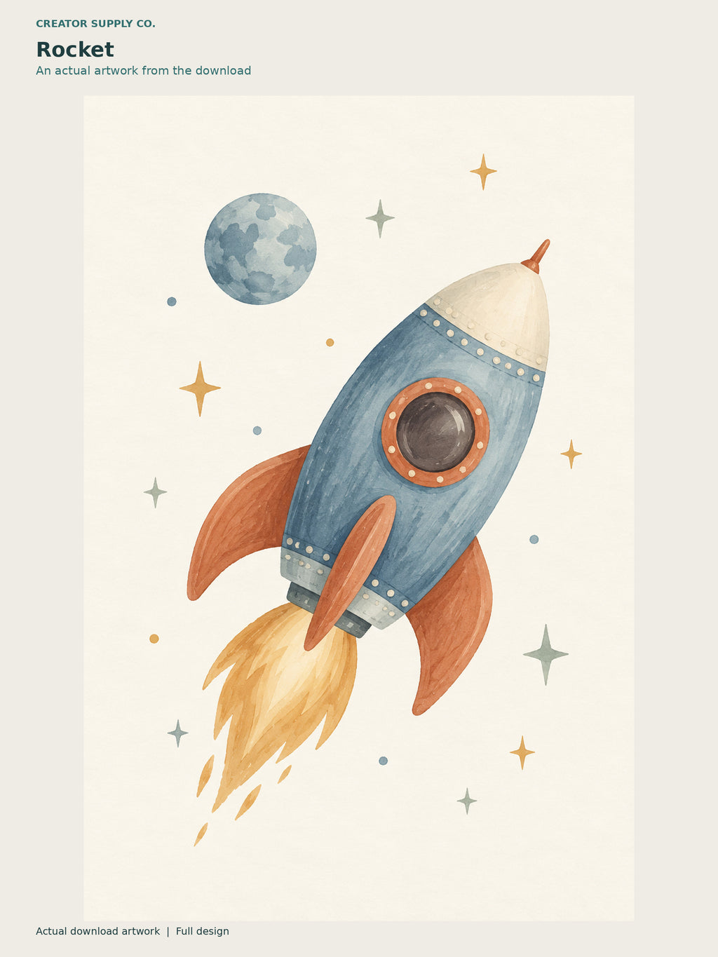 Kids Room Space Prints – softly colored space artwork of a blue rocket, flames, stars, and a blue moon