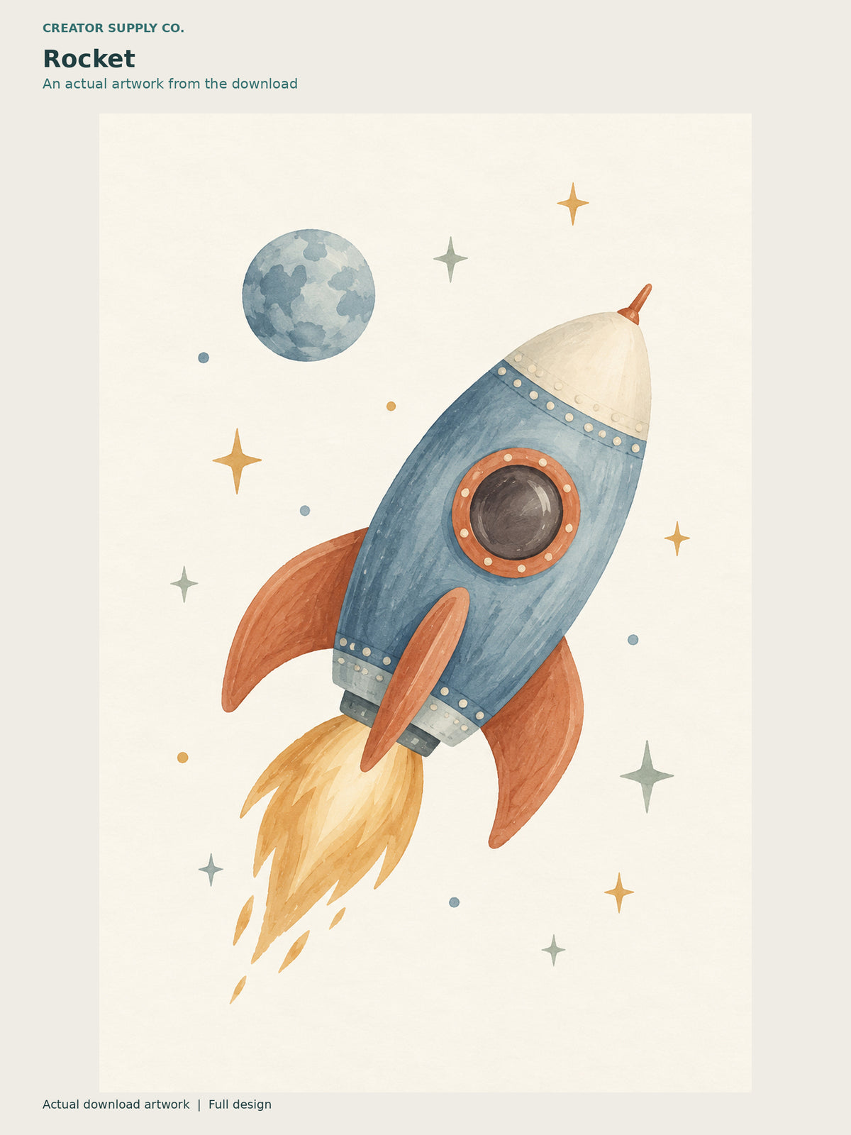 Kids Room Space Prints – softly colored space artwork of a blue rocket, flames, stars, and a blue moon