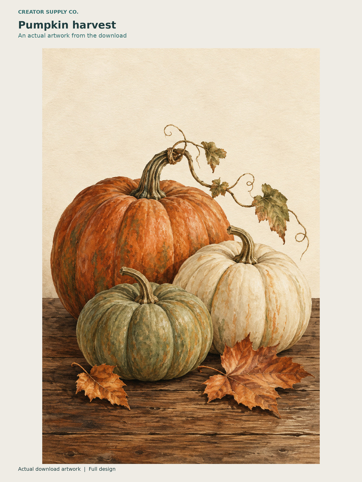 Seasonal Fall Prints Set – autumn artwork of orange, cream, and green pumpkins arranged on a rustic wooden surface