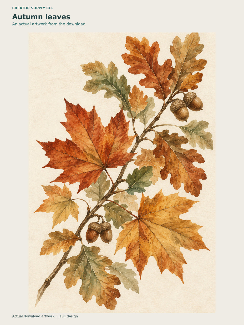 Seasonal Fall Prints Set – autumn botanical artwork of warm-colored maple and oak leaves with acorns
