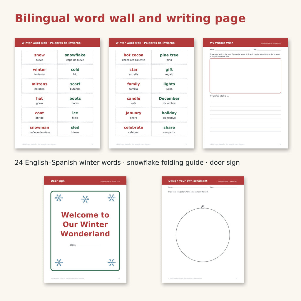 Ornaments and English/Spanish winter word wall