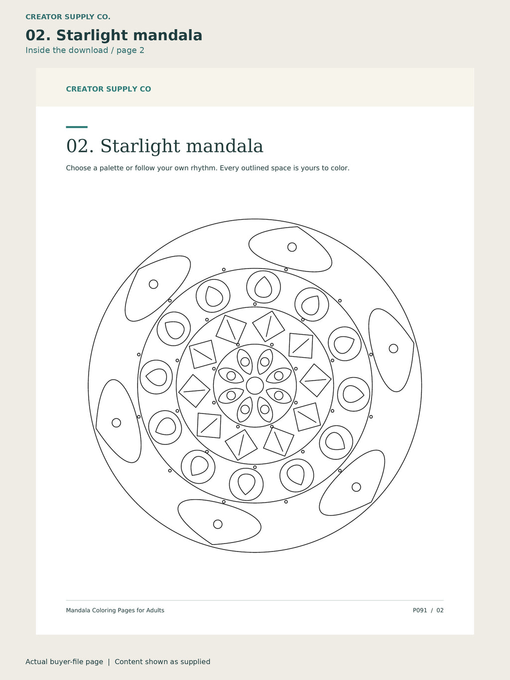 Page 2 from Mandala Coloring Pages for Adults, showing 02. Starlight mandala.