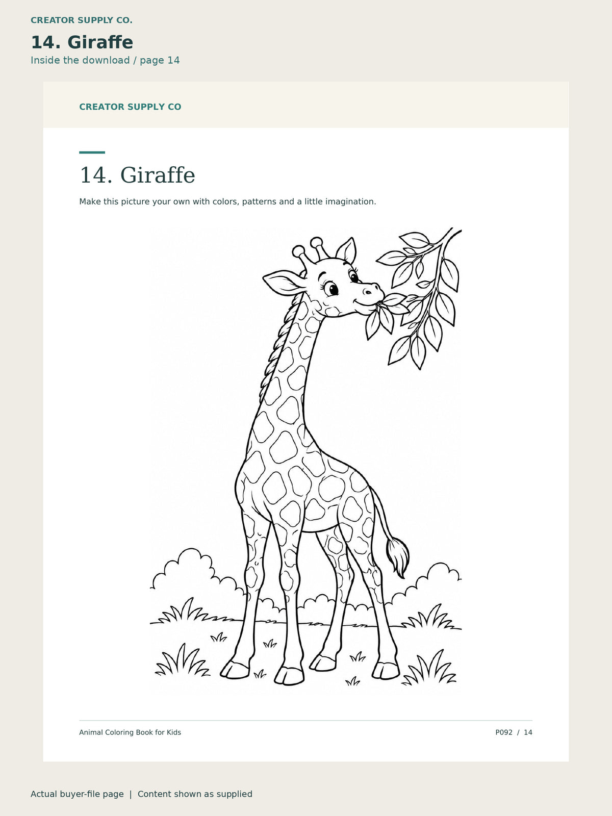 Page 14 from Animal Coloring Book for Kids, showing 14. Giraffe.