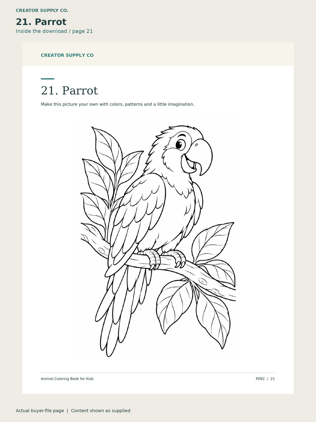 Page 21 from Animal Coloring Book for Kids, showing 21. Parrot.