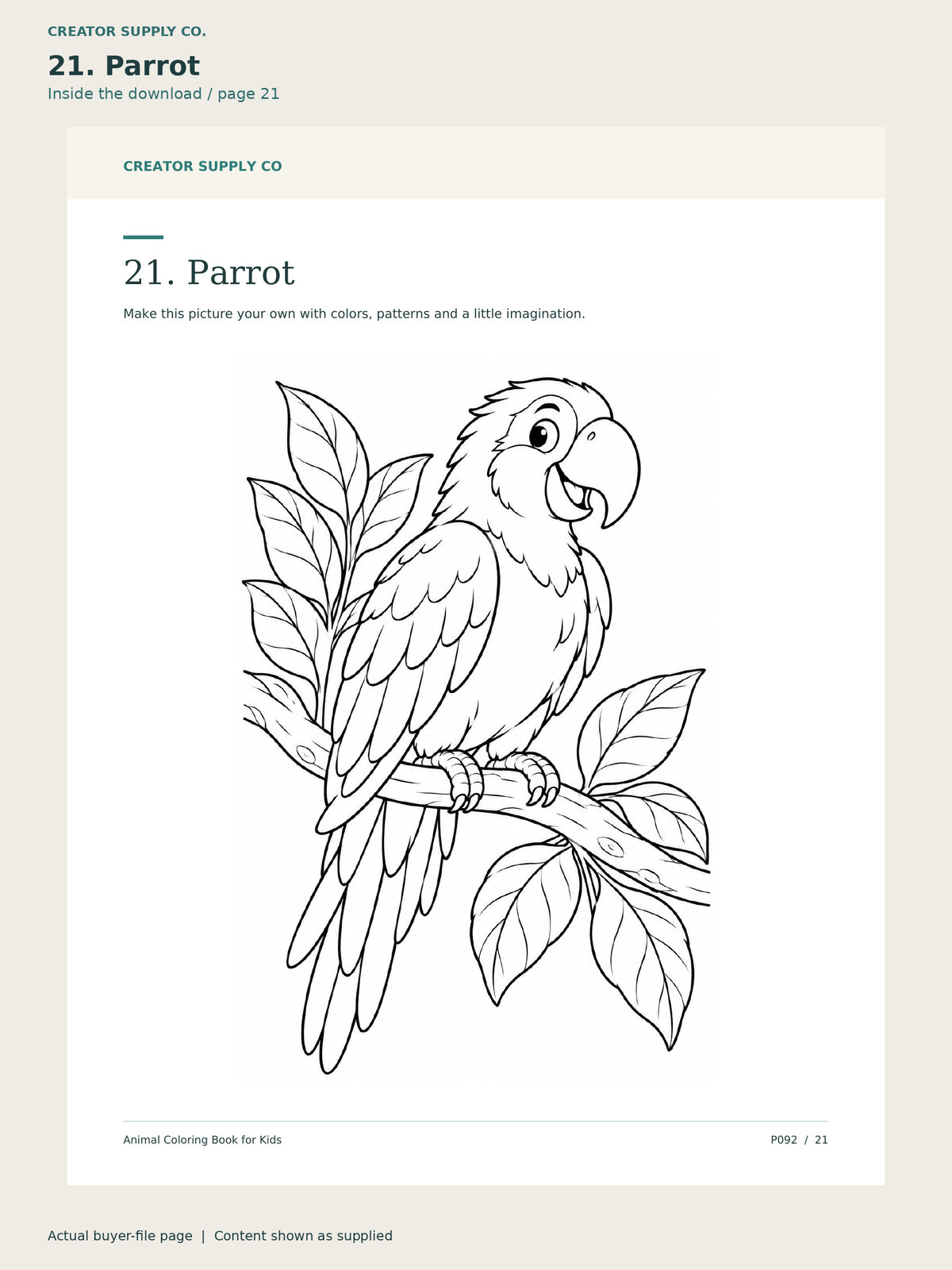 Page 21 from Animal Coloring Book for Kids, showing 21. Parrot.