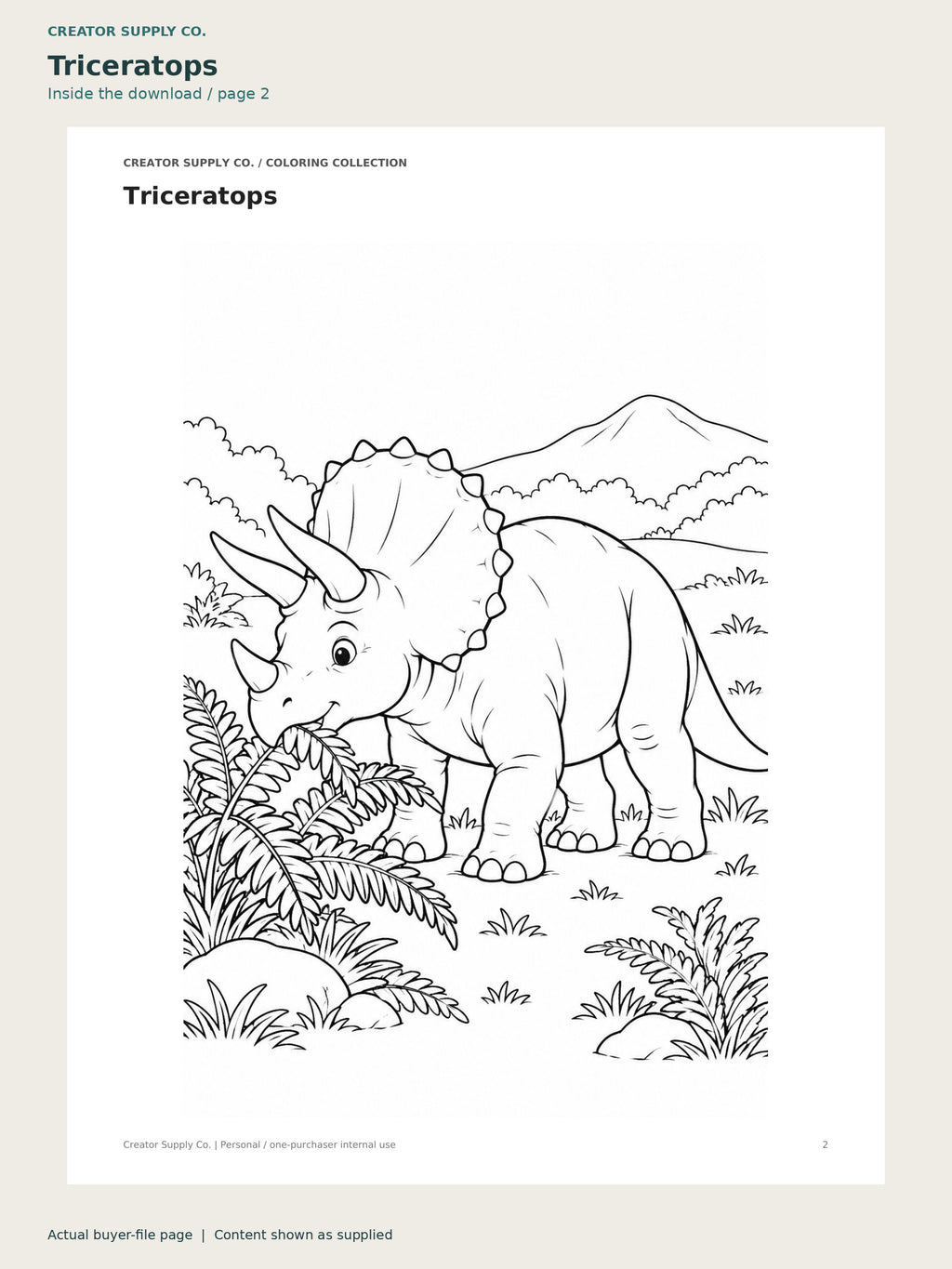 Page 2 from Dinosaur Coloring Pages, showing Triceratops.