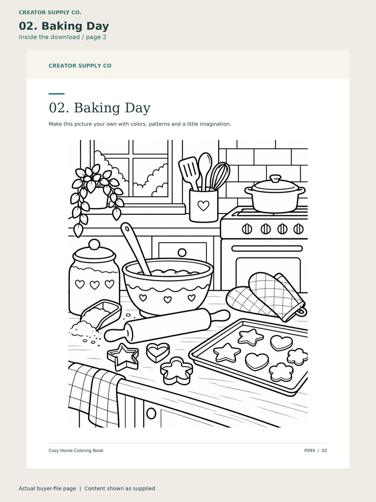 Page 2 from Cozy Home Coloring Book, showing 02. Baking Day.