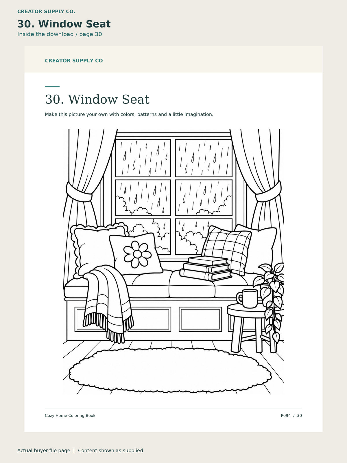 Page 30 from Cozy Home Coloring Book, showing 30. Window Seat.