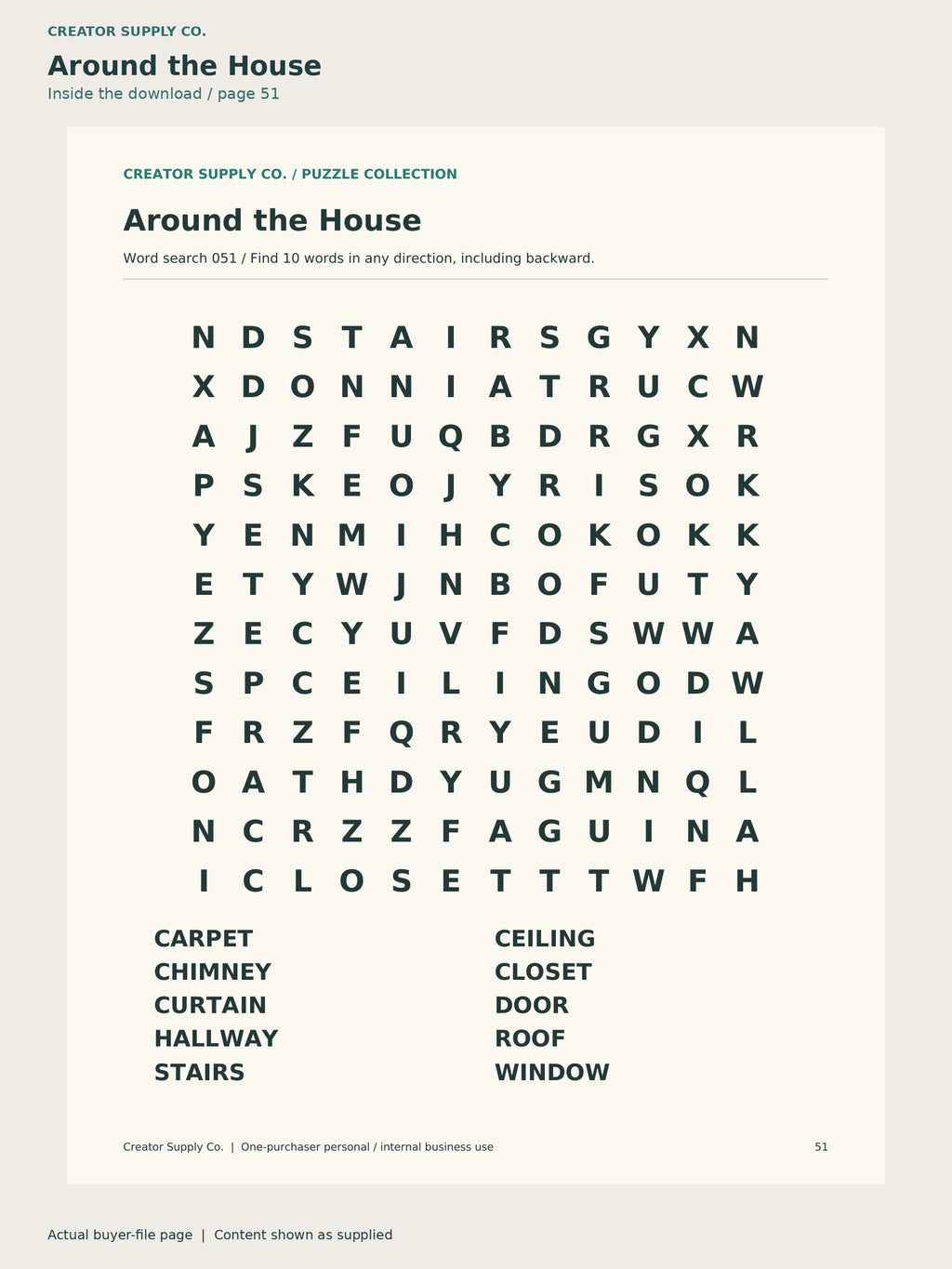 Page 51 from Large Print Word Search for Seniors, showing Around the House.