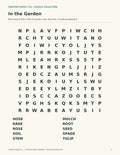 In the Garden large-print word search with a 12-by-12 letter grid and ten garden words.