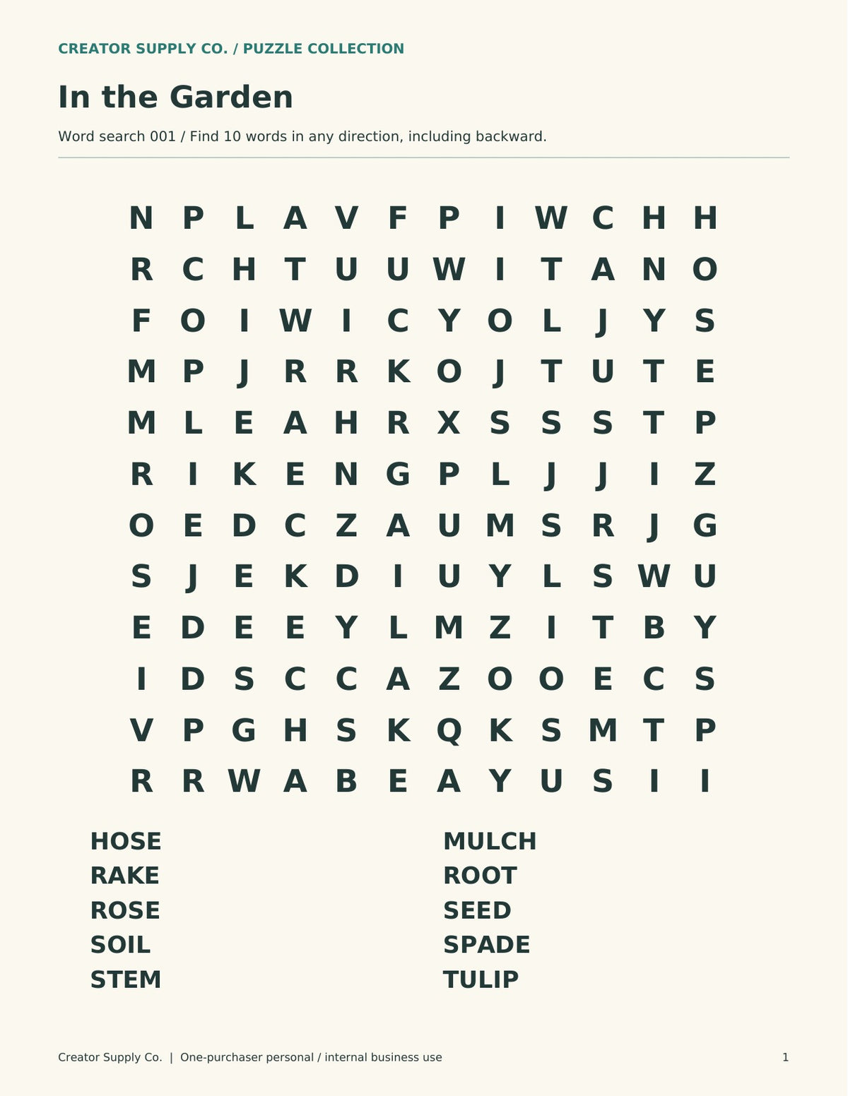 In the Garden large-print word search with a 12-by-12 letter grid and ten garden words.