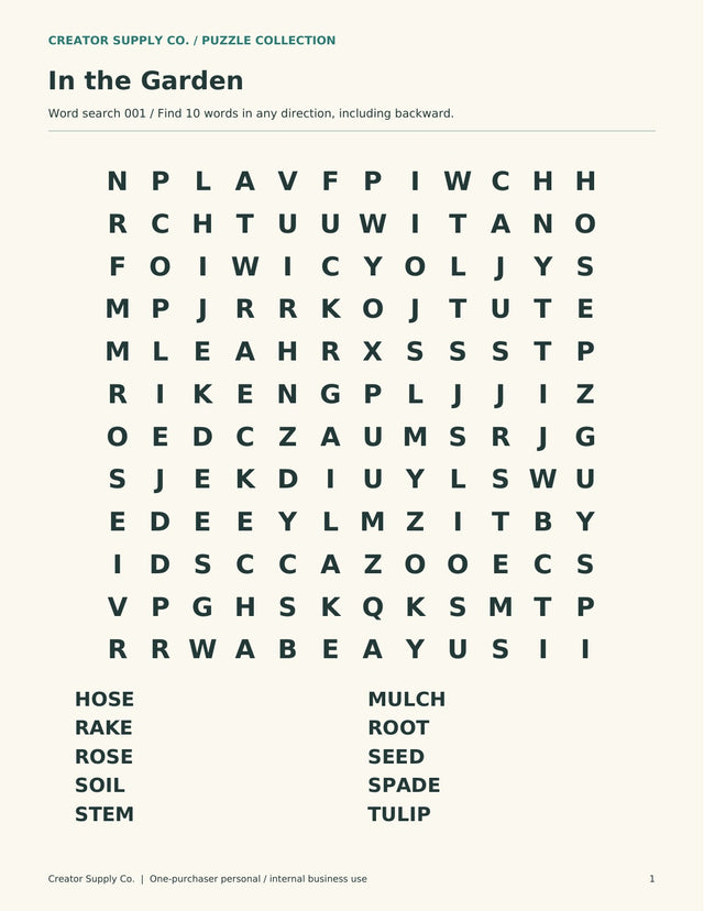 In the Garden large-print word search with a 12-by-12 letter grid and ten garden words.