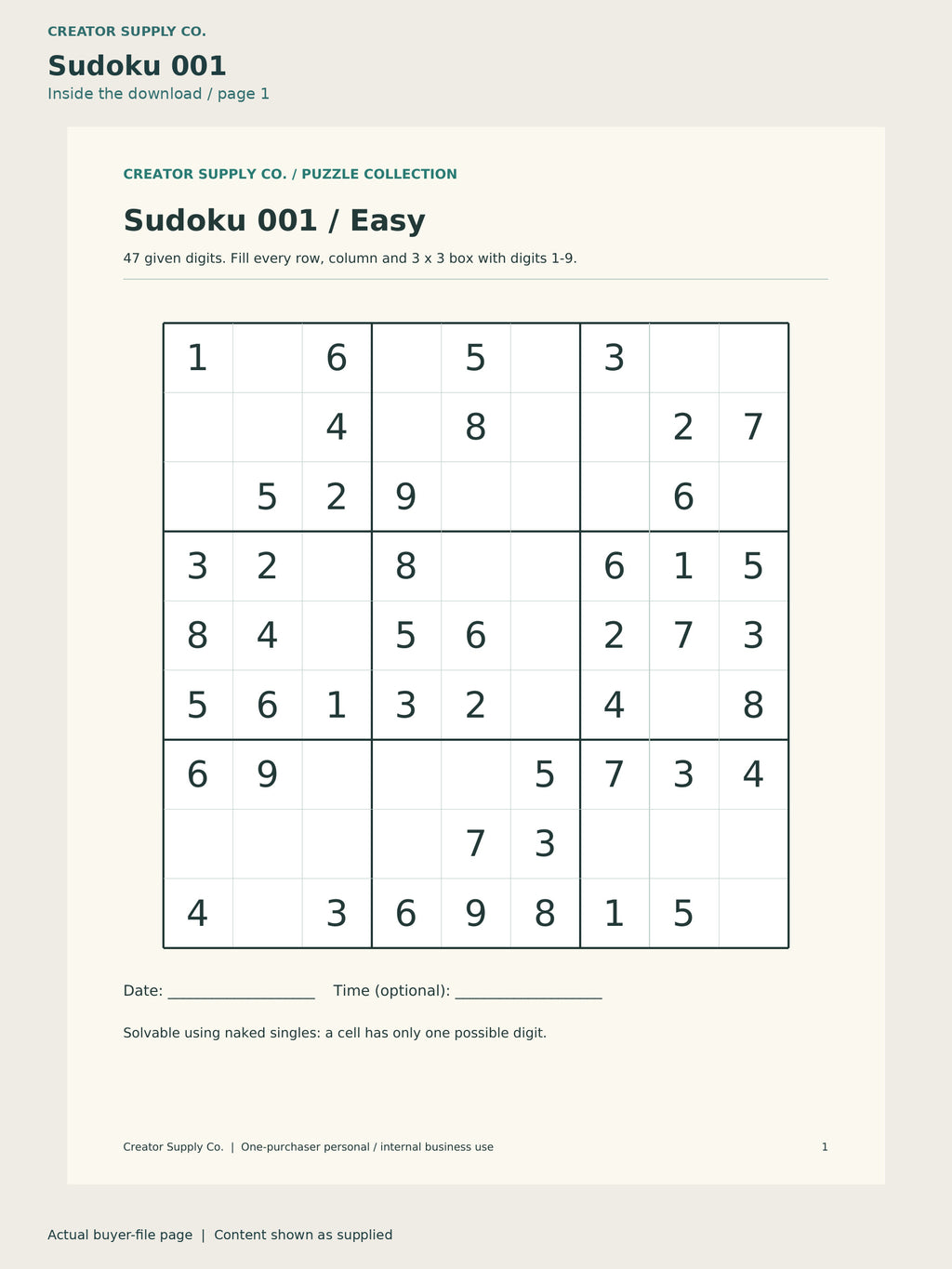 Page 1 from Sudoku Book (Easy to Hard), showing Sudoku 001.
