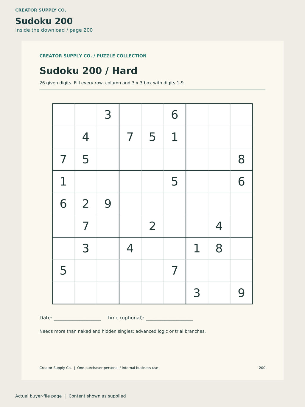 Page 200 from Sudoku Book (Easy to Hard), showing Sudoku 200.