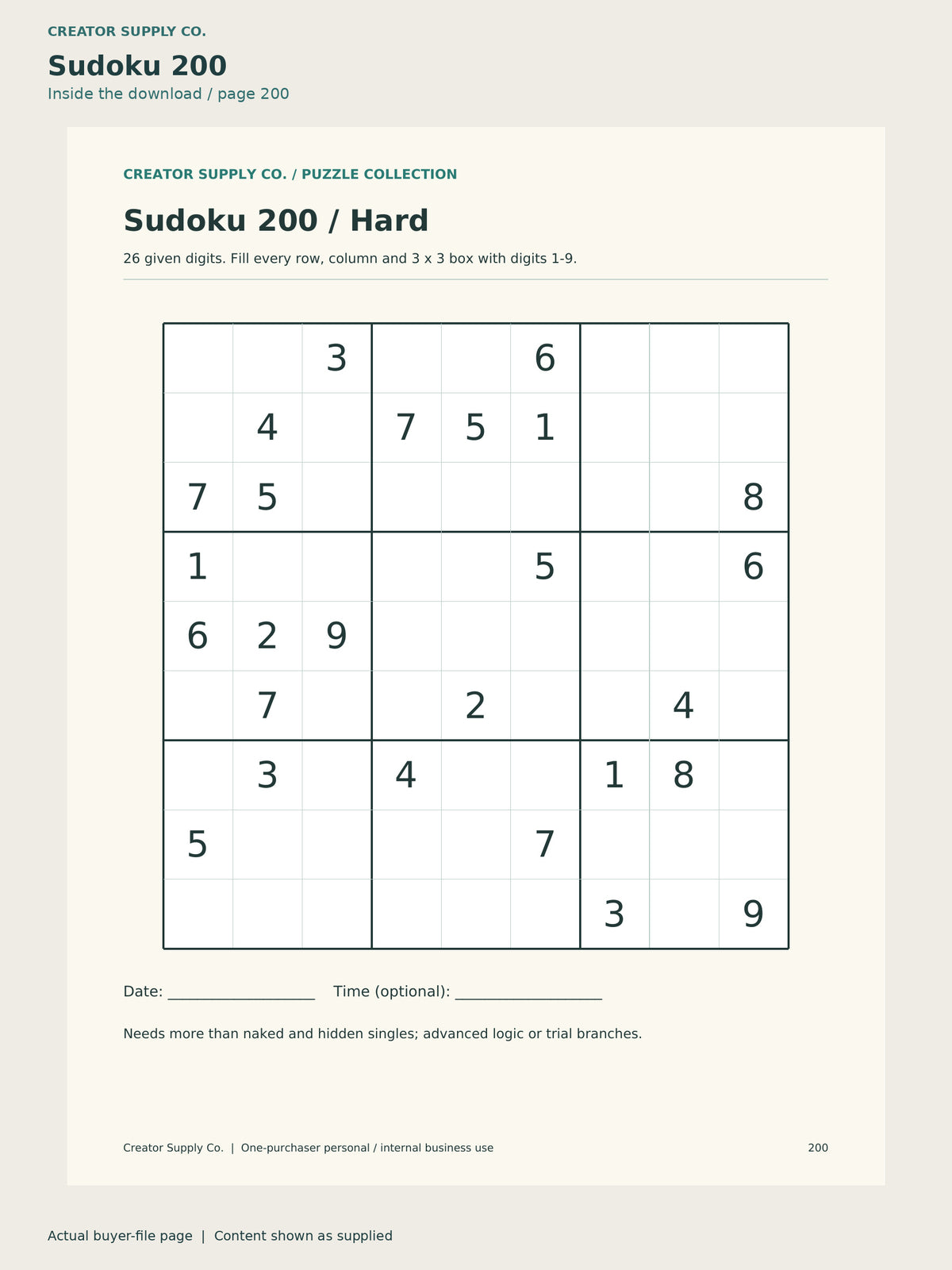 Page 200 from Sudoku Book (Easy to Hard), showing Sudoku 200.