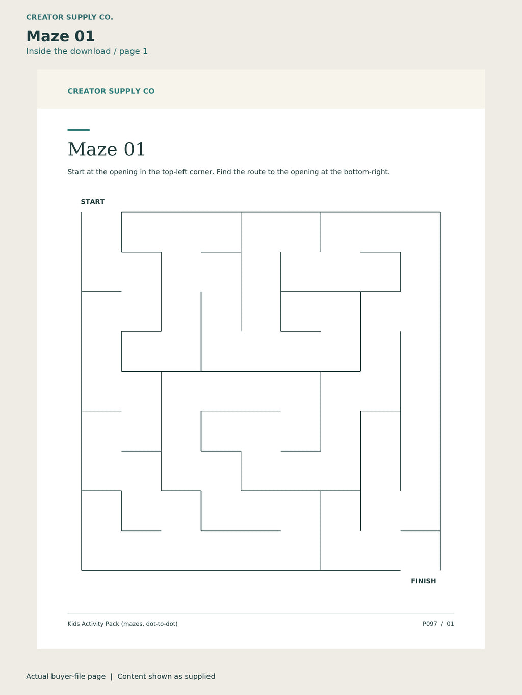 Page 1 from Kids Activity Pack (mazes, dot-to-dot), showing Maze 01.